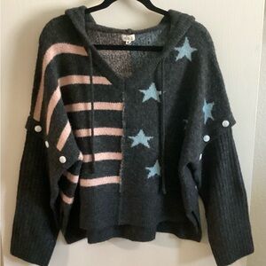 POL Patriotic V-Neck Hoodie Sweater with Stars and Stripes - Charcoal Gray